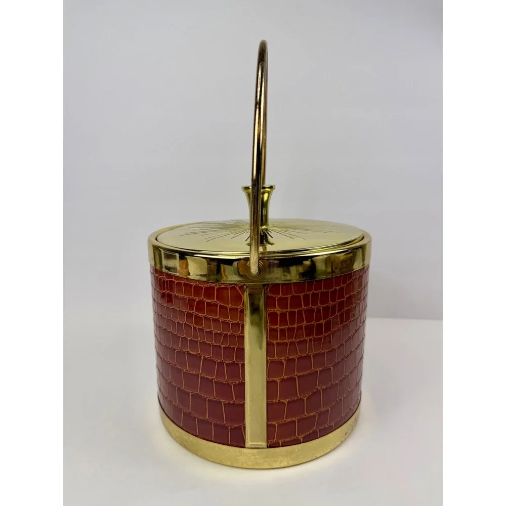 Vintage MCM Ice Bucket Faux Alligator Gold Sunburst Lid with Brass Tongs Japan
